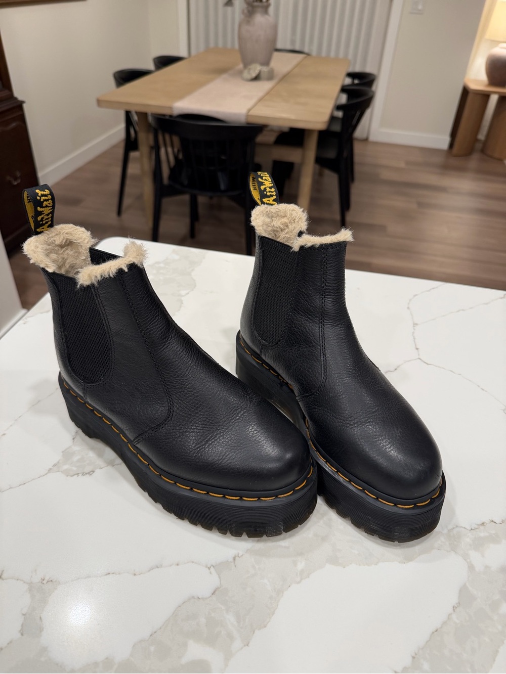 Dr. Martens Black Leather Fur-Trim Chelsea Platform Boots
